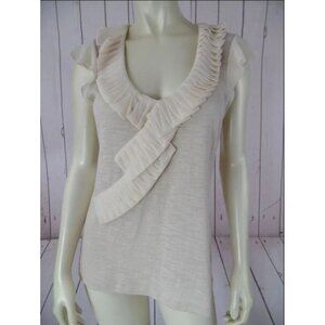 Deletta Medium Beige Ruffle Scoop Neck Cap Sleeve Womens Top